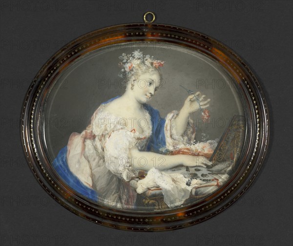 A Woman Putting Flowers in Her Hair, c. 1710. Rosalba Carriera (Italian, 1675-1757). Watercolor on ivory in a tortoiseshell pique-point frame; framed: 10.6 x 12.7 cm (4 3/16 x 5 in.); unframed: 8.6 x 10.5 cm (3 3/8 x 4 1/8 in.).