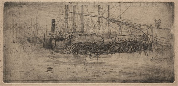 Slip along the Cuyahoga River, 1887. Arthur E. Schneider. Etching