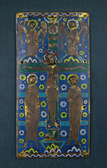 Plaque from a Book Cover with the Crucifixion, 1st half of 1200s. France, Limousin, Limoges, Gothic period, 13th century. Copper: gilded, engraved, chased; champlevé enamel; wood core; overall: 23.2 x 11.8 x 1.3 cm (9 1/8 x 4 5/8 x 1/2 in.).
