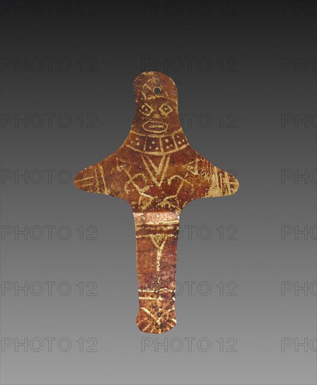 Figurine Plaque, c. 300 BC-AD 200. Peru, South Coast, Paracas, 300 BC-AD 200 with modern etched enhancement?. Hammered and embossed gold-copper alloy; overall: 6.8 x 4.2 cm (2 11/16 x 1 5/8 in.).