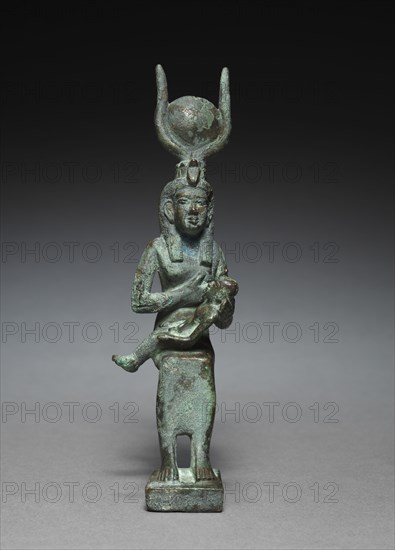 Statuette of Isis and Horus, 305-30 BC. Egypt, Greco-Roman Period, probably Ptolemaic Dynasty. Bronze, solid cast; overall: 4.8 x 10.3 cm (1 7/8 x 4 1/16 in.); with tang: 19.2 cm (7 9/16 in.); without tang: 17 cm (6 11/16 in.).
