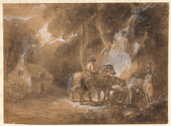 The Halt at the Spring. Attributed to Thomas Barker (British, 1769-1847). Charcoal heightened with white; sheet: 27.9 x 38.4 cm (11 x 15 1/8 in.).