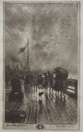 Landing in England, 1879. Félix Hilaire Buhot (French, 1847-1898). Etching, aquatint, drypoint and roulette; sheet: 39.2 x 28 cm (15 7/16 x 11 in.); platemark: 30.3 x 18.2 cm (11 15/16 x 7 3/16 in.)