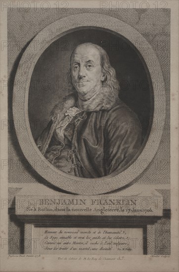 Benjamin Franklin, 1779. Justus Chevillet (French, 1729-1802), Published in Journal de Paris, 7 July 1779 and in the Gazette de France, 16 July 1779, after Jean Claude Thomas Duplessis (French, 1783). Engraving