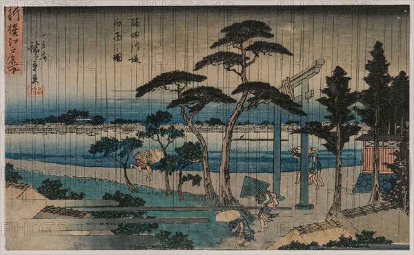Picture of Light Rain on the Embankment of the Sumida River (from the series A New Selection of Famous Places in Edo), late 1830s or early 1840s. Ando Hiroshige (Japanese, 1797-1858). Color woodblock print; sheet: 20.7 x 34.4 cm (8 1/8 x 13 9/16 in.).