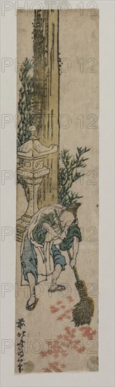 Shrine Attendant Raking Maple Leaves, c. 1830 or early 1830s. Katsushika Hokusai (Japanese, 1760-1849). Color woodblock print; sheet: 28.6 x 6.8 cm (11 1/4 x 2 11/16 in.).