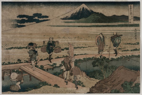 A View of Mount Fuji and Travellers by a Bridge, ca. 1835. Katsushika Hokusai (Japanese, 1760-1849). Color woodblock print; sheet: 25.1 x 37.8 cm (9 7/8 x 14 7/8 in.).