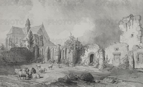 Voyages pittoresques et romantiques dans l'ancienne France.  Bretagne:  Abbaye de Relec. Eugène Cicéri (French, 1813-1890). Lithograph