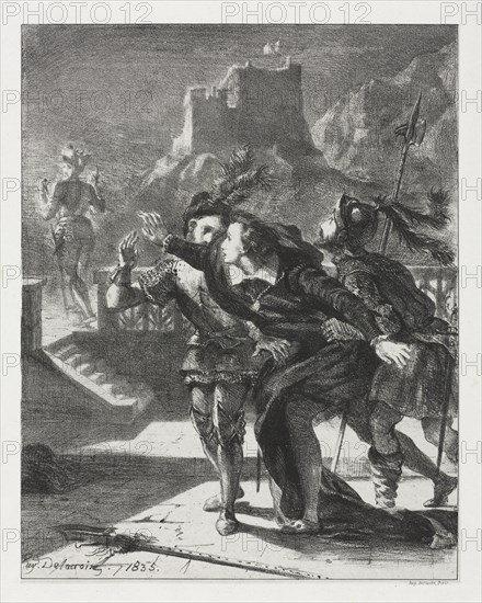 Hamlet:  Hamlet Rushes to Follow the Ghost of  his Father, 1835. Eugène Delacroix (French, 1798-1863). Lithograph