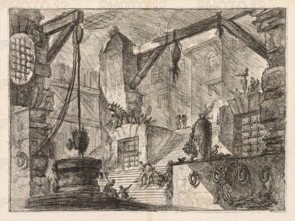 The Prisons:  Colonnaded Interior with a Broad Stair, 1745-1750. Giovanni Battista Piranesi (Italian, 1720-1778). Etching