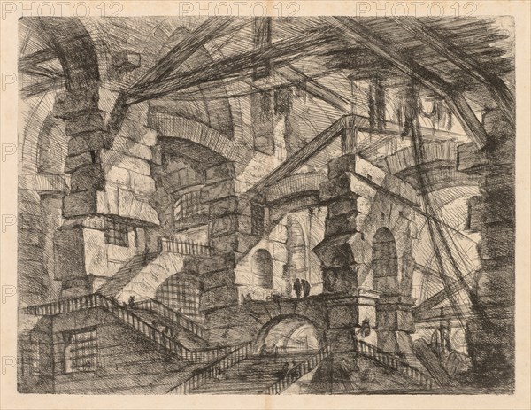 The Prisons:  A Perspective of Colonnades with Zig-Zag Staircase, 1745-1750. Giovanni Battista Piranesi (Italian, 1720-1778). Etching