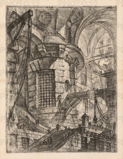 The Prisons:  A Vaulted Building with a Central Column with Barred Window, 1745-1750. Giovanni Battista Piranesi (Italian, 1720-1778). Etching