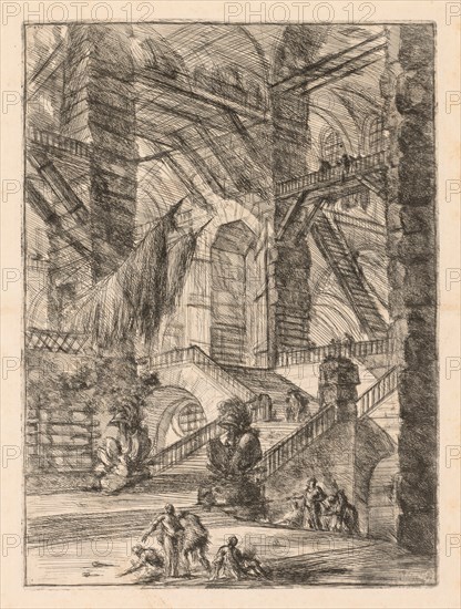 The Prisons:  A Vast Interior with Trophies, 1745-1750. Giovanni Battista Piranesi (Italian, 1720-1778). Etching