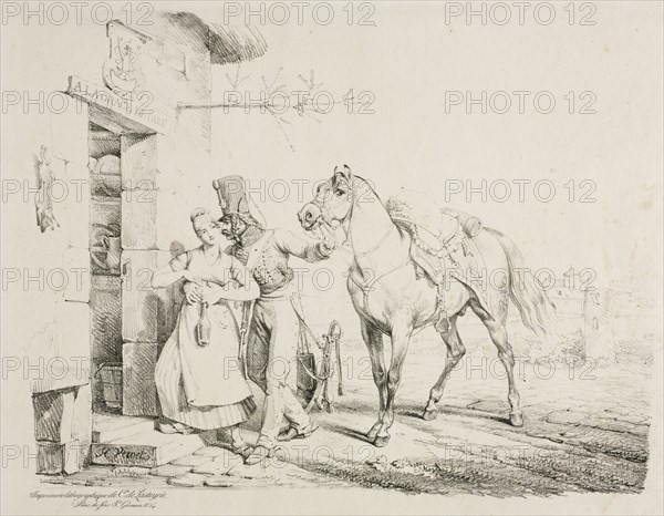 A Hussar Embracing a Servant. Horace Vernet (French, 1789-1863). Lithograph