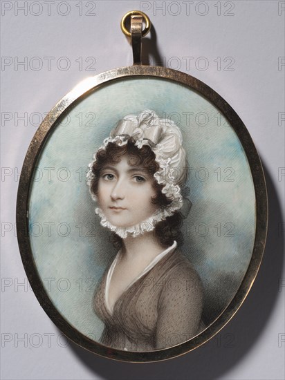 Portrait of a Woman , late 1790s. Andrew Plimer (British, 1763-1837). Watercolor on ivory in a gold frame with glazed reverse; framed: 8.5 x 7.2 cm (3 3/8 x 2 13/16 in.); sight: 8 x 6.5 cm (3 1/8 x 2 9/16 in.).
