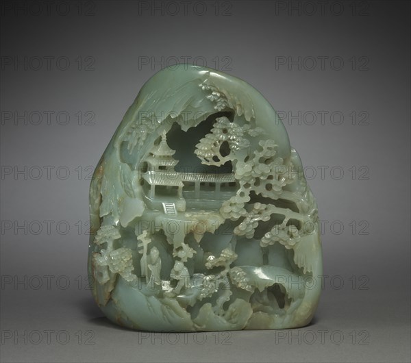 Miniature Mountain with Daoist Paradise, 1736-1795. China, Qing dynasty (1644-1911), Qianlong reign (1736-1795). Green jade with brown markings; overall: 17.5 cm (6 7/8 in.).