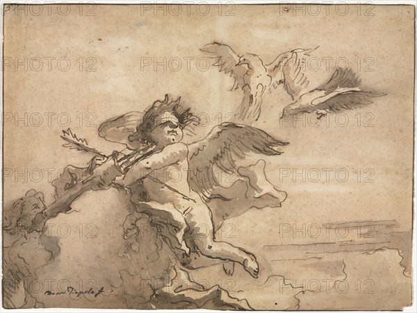 Cupid Blindfolded and Two Doves, 1757 or after. Giovanni Domenico Tiepolo (Italian, 1727-1804). Pen and brown ink and brush and brown wash; framing lines in brown ink; sheet: 18.9 x 25.4 cm (7 7/16 x 10 in.).