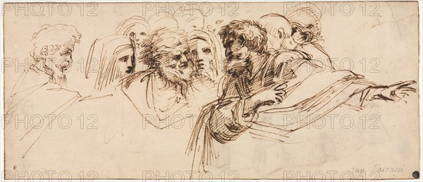 Study of Heads (recto), 2nd half 1500s. Agostino Carracci (Italian, 1557-1602). Pen and brown ink; framing lines in brown ink; sheet: 13.1 x 30.9 cm (5 3/16 x 12 3/16 in.).