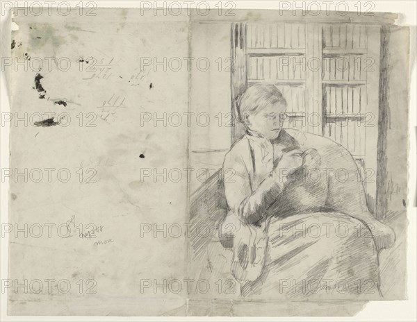 Knitting in the Library (recto), c. 1881. Mary Cassatt (American, 1844-1926). Graphite; sheet: 31.3 x 40.1 cm (12 5/16 x 15 13/16 in.); image: 28 x 22 cm (11 x 8 11/16 in.).