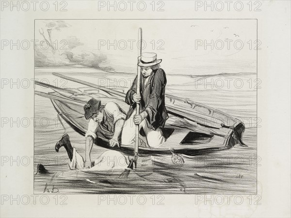 published in Le Charivari (no du 11 juin 1843): Parisian Boatmen, plate 14: Man Overboard, 1843. Honoré Daumier (French, 1808-1879), Aubert. Lithograph; sheet: 27.6 x 36 cm (10 7/8 x 14 3/16 in.); image: 20.6 x 26.2 cm (8 1/8 x 10 5/16 in.).