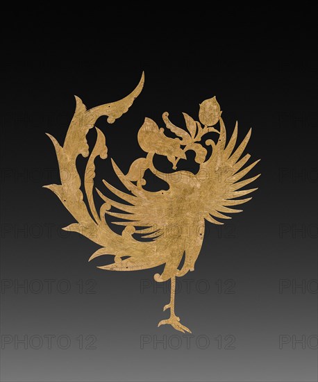 Textile Ornament(?): Phoenix, c. 8th century. China, Tang dynasty (618-907). Beaten gold with chased detail; overall: 12 x 10.4 cm (4 3/4 x 4 1/8 in.).