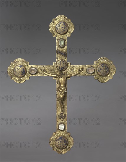 Altar Cross, c. 1300-1310. Germany or Austria, Upper Rhine, Constance, 14th century. Gilt copper, champlevé enamel, gemstones, on wood core; without base: 50.2 x 39.4 cm (19 3/4 x 15 1/2 in.).