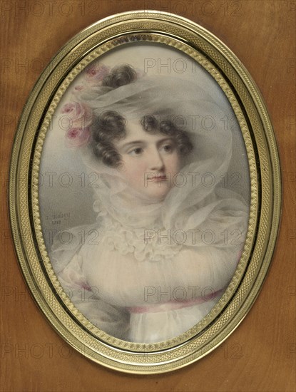 Portrait of Hortense de Perregaux, Duchess of Ragusa, 1818. Jean-Baptiste Isabey (French, 1767-1855). Watercolor on card on a gilt metal mount in a pale wood frame; framed: 21.5 x 15.5 cm (8 7/16 x 6 1/8 in.); unframed: 12.9 x 9 cm (5 1/16 x 3 9/16 in.)