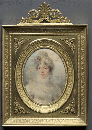 Portrait of a Woman in a White Dress, 1813. Jean-Baptiste Isabey (French, 1767-1855). Watercolor on card in an ormolu frame; framed: 27 x 19.1 cm (10 5/8 x 7 1/2 in.); unframed: 12.4 x 9.2 cm (4 7/8 x 3 5/8 in.)
