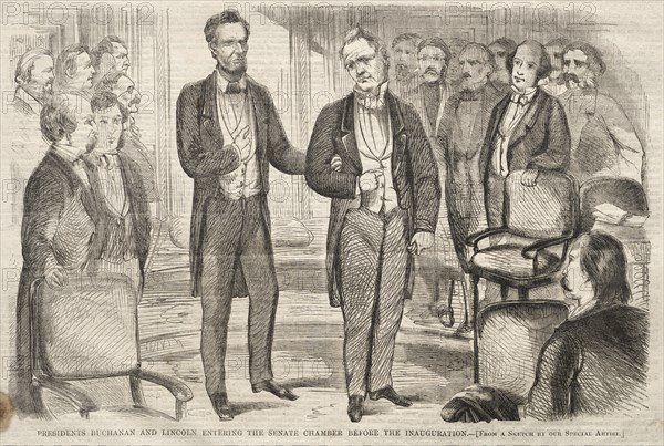 Presidents Buchanan and Lincoln Entering the Senate Chamber before the Inauguration, 1861. Winslow Homer (American, 1836-1910). Wood engraving