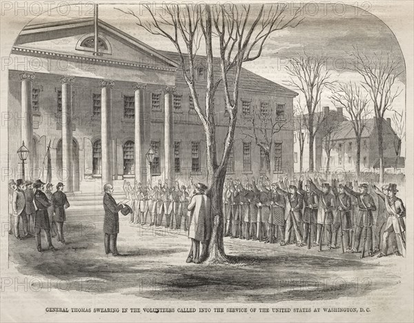 General Thomas Swearing in the Volunteers Called into the Service of the United States at Washington,  D.C., 1861. Winslow Homer (American, 1836-1910). Wood engraving