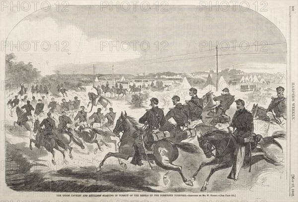 The Union Cavalry and Artillery Starting in Pursuit of the Rebels up the Yorktown Turnpike, 1862. Winslow Homer (American, 1836-1910). Wood engraving