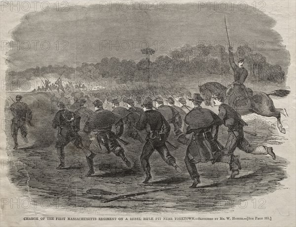 Charge of the First Massachusetts Regiment on a Rebel Rifle Pit near Yorktown, 1862. Winslow Homer (American, 1836-1910). Wood engraving