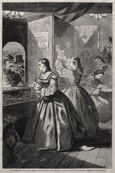 "Any Thing for Me, If you Please?" - Post-Office of the Brooklyn Fair in Aid of the Sanitary Commission, 1864. Winslow Homer (American, 1836-1910). Wood engraving