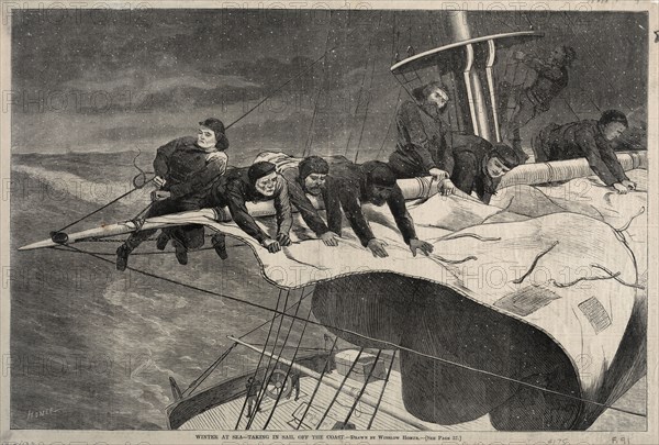Winter at Sea - Taking in Sail Off the Coast, 1869. Winslow Homer (American, 1836-1910). Wood engraving