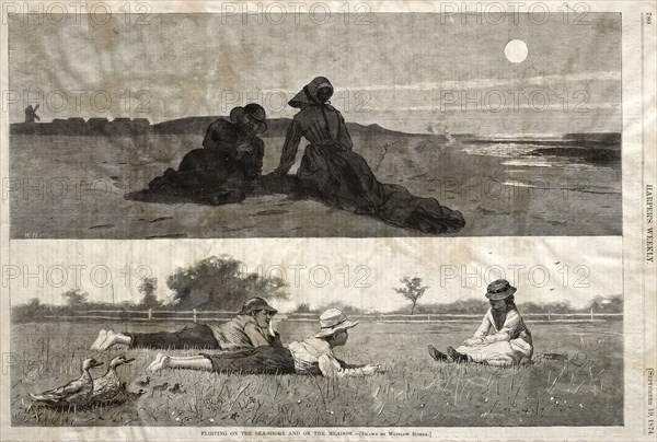 Flirting on the Seashore and on the Meadow, 1874. Winslow Homer (American, 1836-1910). Wood engraving