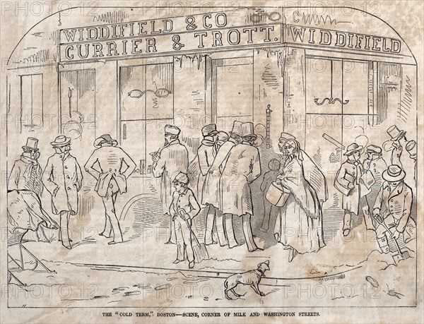 The "Cold Term," Boston - Scene, Corner Milk and Washington Streets, 1858. Winslow Homer (American, 1836-1910). Wood engraving