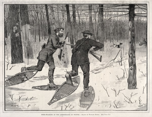 Deer Stalking in the Adirondacks in Winter, 1871. Winslow Homer (American, 1836-1910). Wood engraving