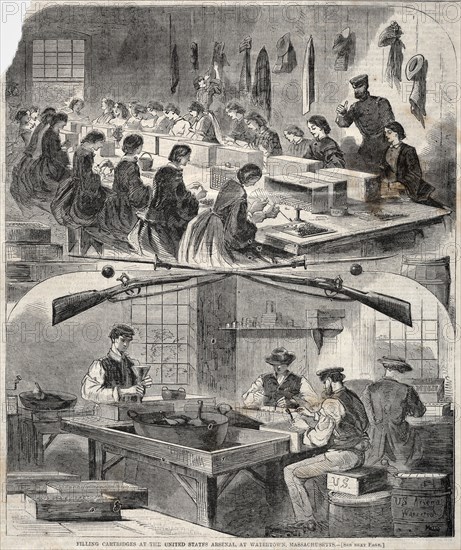 Filling Cartridges at the United States Arsenal, at Watertown, Massachusetts, 1861. Winslow Homer (American, 1836-1910). Wood engraving