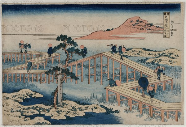 An Ancient Picture of the Eight Part Bridge in Mikawa Province (from the series Curious Views of Famous Bridges in the Provinces), early 1830s. After Katsushika Hokusai (Japanese, 1760-1849). Color woodblock print; overall: 26.1 x 38.5 cm (10 1/4 x 15 3/16 in.)