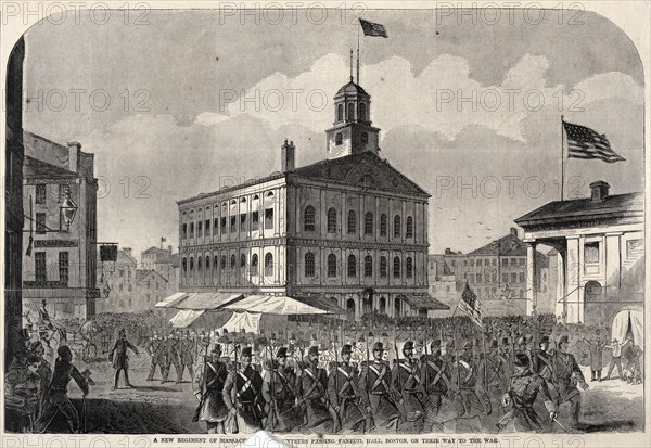 A New Regiment of Massachusetts Volunteers passing Faneuil Hall, Boston, on their way to War. Winslow Homer (American, 1836-1910). Wood engraving