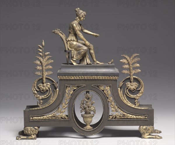 Andiron, c. 1790-1800. France, 18th century. Bronze and gilded bronze; overall: 38.1 x 42.6 x 9.6 cm (15 x 16 3/4 x 3 3/4 in.).