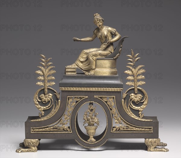 Andiron, c. 1790-1800. France, 18th century. Bronze and gilded bronze; overall: 39.1 x 43.9 x 11.5 cm (15 3/8 x 17 5/16 x 4 1/2 in.).