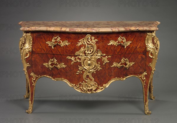 Chest of Drawers (Commode), c. 1750. Jean-Pierre Latz (French, 1691-1754). Oak, tulipwood marquetry, gilt metal mounts, marble; overall: 88 x 156.5 x 69.9 cm (34 5/8 x 61 5/8 x 27 1/2 in.).
