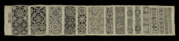 Needlepoint Lace Long Sampler, 17th century. England, 17th century. Lace, needlepoint: linen ground worked with linen; overall: 93.3 x 17.1 cm (36 3/4 x 6 3/4 in.); mounted: 106 x 29.5 cm (41 3/4 x 11 5/8 in.)