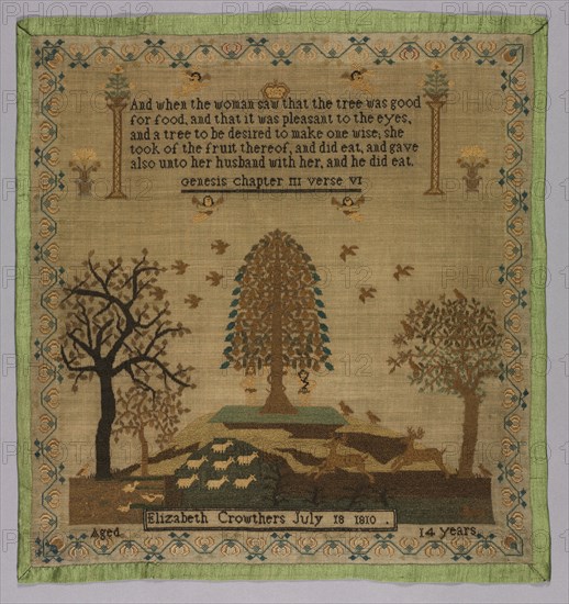 Sampler, 1810. England, early 19th century. Embroidery: silk on linen tabby ground; overall: 47 x 44.2 cm (18 1/2 x 17 3/8 in.)