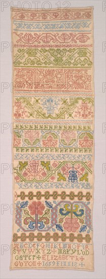Long Sampler, 1659. England, 17th century. Embroidery: silk on linen tabby ground; overall: 49.5 x 16.5 cm (19 1/2 x 6 1/2 in.).