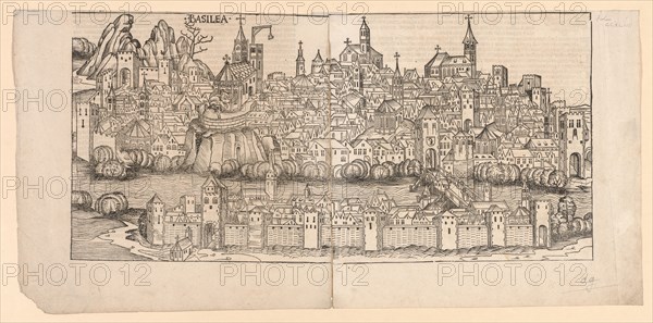 Nuremberg Chronicle:  Topographical View of Basle, Switzerland, 1493. Michael Wolgemut (German, 1434-1519), and Wilhelm Playdenwurff (German, 1494). Woodcut
