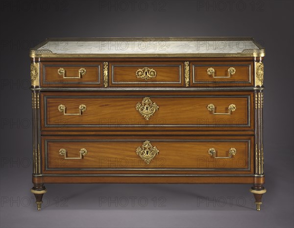Chest of Drawers, c. 1775-1792. Attributed to Claude-Charles Saunier (French, 1735-1807), mounts in the style of Pierre Joseph Désiré Gouthière (French, 1732-1813/14). Oak, coralwood, mahogany veneer, marble top, gilt bronze mounts; overall: 90.8 x 131.5 x 59.7 cm (35 3/4 x 51 3/4 x 23 1/2 in.).