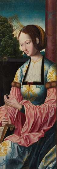 Saint Barbara, c. 1520. Master of the Holy Blood (Netherlandish). Tempera on wood panel; framed: 91 x 34.5 x 5.5 cm (35 13/16 x 13 9/16 x 2 3/16 in.); unframed: 86.3 x 29.2 cm (34 x 11 1/2 in.).