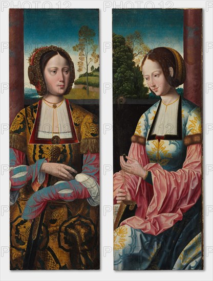 Saint Catherine and Saint Barbara (pair), c. 1520. Master of the Holy Blood (Netherlandish). Tempera on wood panel; framed: 91 x 34.5 x 5.5 cm (35 13/16 x 13 9/16 x 2 3/16 in.); unframed: 86.6 x 30 cm (34 1/8 x 11 13/16 in.).